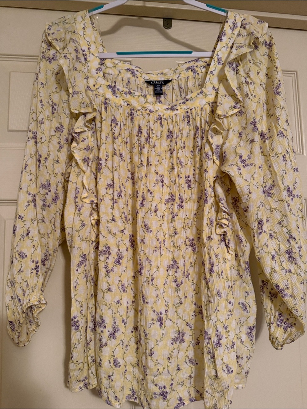 Chaps Top Womens Large Yellow Square Neck Gauze Floral Print Long Sleeve Blouse